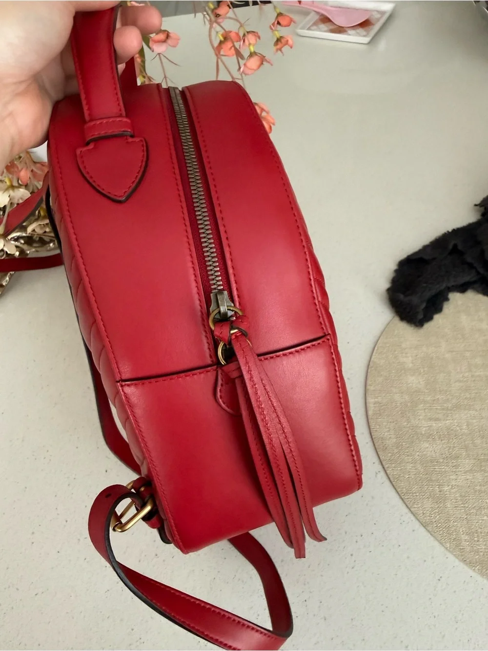 Authentic Gucci GG Marmont Mini Backpack Red Matelassé Leather